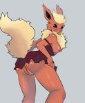  2021 anthro anthrofied areola black_nose blue_eyes blush bottomless breasts butt clothed clothing dress ear_tuft eeveelution elbow_tufts facial_tuft female fingers flareon fumonpaw fur genitals grey_background head_tuft hi_res looking_at_viewer looking_back looking_back_at_viewer multicolored_body multicolored_fur neck_tuft nintendo nipples no_underwear open_mouth orange_body orange_fur pok&eacute;mon pok&eacute;mon_(species) pok&eacute;morph pussy raised_tail rear_view red_clothing red_dress shoulder_tuft side_boob simple_background solo standing tuft video_games yellow_body yellow_fur 