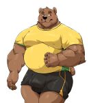  2021 anthro black_nose blush bottomwear brown_body brown_fur bulge clothing fur hi_res humanoid_hands jumperbear kemono male mammal musclegut overweight overweight_male shirt shorts simple_background solo topwear ursid 