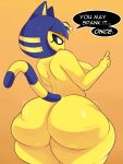  3:4 animal_crossing ankha_(animal_crossing) anthro behniis big_butt blue_hair breasts butt dialogue domestic_cat english_text felid feline felis female hair hi_res huge_butt mammal nintendo nude orange_background simple_background solo text thick_thighs video_games wide_hips yellow_body 