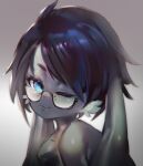  anthro biped black_hair blue_eyes cute_fangs eyebrows eyewear female fur glasses grey_background grey_body grey_fur hair hi_res lagomorph looking_at_viewer mammal one_eye_closed simple_background solo utterangle wink 