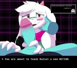  anthro blue_body blush bovid caprine clothed clothing deltarune digital_media_(artwork) duo english_text erection eyewear feelin_synful fur genitals glasses goat hair hi_res horn human imminent_oral kris_(deltarune) looking_at_viewer male male/male mammal monster penis ralsei scarf simple_background smile text tongue undertale undertale_(series) video_games white_body white_fur 