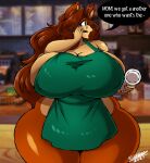  2021 absurd_res anthro apron apron_only big_breasts breasts brown_hair canid canine canis clothing digital_media_(artwork) domestic_dog english_text eyewear female glasses green_apron green_eyes hair hi_res huge_breasts i_mean_breast_milk mammal meme mostly_nude shaded solo superia superix talking_to_another text thick_thighs 