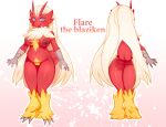  absurd_res anthro avian blaziken blonde_hair blue_eyes breasts digital_media_(artwork) female flare_the_blaziken galutine genitals hair hi_res model_sheet nintendo nipples non-mammal_breasts non-mammal_nipples nude pok&eacute;mon pok&eacute;mon_(species) pussy red_body simple_background smile solo standing video_games yellow_body 