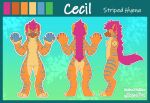  4_toes 5_fingers blue_nose blue_pawpads blue_stripes cecil_(stripeddance_hyena) character_name claws color_swatch english_text fangs feet fingers fur green_eyes green_pupils hair hi_res hyaenid mammal model_sheet orange_body orange_fur outline pawpads pink_claws pink_hair pupils sneafra solo standing striped_hyena stripes text toes 