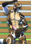  african_wild_dog anthro balls biceps canid canine ear_piercing erection eyewear feralise genitals glasses green_eyes hair hi_res leaning leaning_back licking licking_lips male mammal multicolored_body muscular muscular_male naughty_face navel nude obliques pecs penis piercing pink_nose solo standing tongue tongue_out 