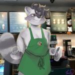  1:1 anthro apron apron_only areola avian beverage bird bite biting_lip black_hair bodily_fluids chicken chicken_joe clothed clothing coffee coffee_shop container cup digital_media_(artwork) embarrassed english_text fur galliform gallus_(genus) green_apron grey_areola grey_body grey_fur hair i_mean_breast_milk male mammal markings meme mostly_nude nipples partially_clothed phasianid procyonid raccoon shaded signature solo starbucks striped_markings striped_tail stripes sweat tail_markings teeveeomegas text 