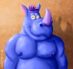 abstract_background anthro belly blue_body close-up digital_media_(artwork) eye_contact eyebrows hair hi_res horn looking_at_another looking_at_viewer male mammal moobs nickelodeon nickelodeon_movies_rhino nipples nude_male overweight overweight_male purple_hair rhinocerotoid shaded simple_background smile smiling_at_viewer solo standing tan_background toony wontonrhino 
