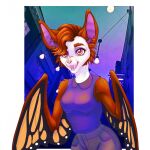  1:1 anthro arthropod butterfly chiropteran cira_nova city clothed clothing female fully_clothed hair hi_res insect lepidopteran lepidopteran_wings looking_at_viewer mammal outside piercing solo tongue tongue_piercing wings 