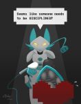  anthro biskydraws blush clothing deltarune dialogue domestic_cat english_text felid feline felis female footwear hi_res machine mammal polygonal_speech_bubble robot shoes solo speech_bubble stepped_on tasque_manager text undertale_(series) video_games 