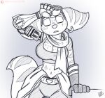  anthro big_breasts bodily_fluids breasts clothed clothing cybernetic_arm cybernetic_limb digital_media_(artwork) drxii ear_piercing eyewear eyewear_on_head female fur goggles goggles_on_head hi_res huge_breasts lombax mammal midriff navel oil piercing prosthetic prosthetic_limb ratchet_and_clank rivet_(ratchet_and_clank) simple_background solo sony_corporation sony_interactive_entertainment stripes sweat video_games wiping_forehead 