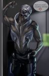  &lt;3 3_fingers alien bodypaint bottomwear clothed clothing dialogue english_text face_paint facial_scar fingers garrus_vakarian hi_res kotorikurama leaning_on_wall licking licking_lips male mass_effect pants scar seductive solo standing text tongue tongue_out topless turian video_games 