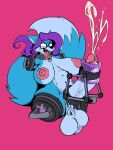  3:4 amputee anthro balls big_breasts big_penis blue_body blue_fur breasts canid canine disability erection eyewear fox fur genitals glasses gynomorph hair handles_on_hips handles_on_shoulders hi_res intersex kyrie_eleison mammal penetrable_sex_toy penis purple_hair quadruple_amputee sex_toy solo 