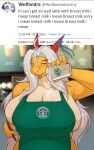  absurd_res aisyah_zaskia_harnny anthro apron apron_only big_breasts blush breasts cleavage clothed clothing digital_media_(artwork) dragon english_text female green_apron grey_hair hair harnny hi_res huge_breasts i_mean_breast_milk meme mostly_nude shaded solo starbucks text text_on_apron text_on_clothing 
