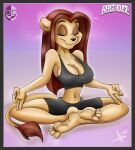  anthro big_breasts border bottomwear breasts cleavage clothed clothing crop_top crossed_legs eyes_closed feet felid female grey_border hair humanoid_feet leonor lion mammal meditation midriff navel pantherine red_hair shirt shorts simple_background small_waist smile soles tail_tuft topwear tuft xamoel yoga 