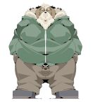  2021 absurd_res anthro belly bottomwear brown_body brown_fur canid canine canis clothing domestic_dog fur hi_res kemono male mammal obese obese_male overweight overweight_male pants sigenoya simple_background solo sweater takotyutyu topwear white_background 