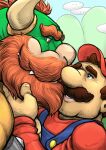 2018 beard blue_eyes bowser clothing dudebulge duo eye_contact facial_hair hat headgear headwear hi_res horn human interspecies intimate koopa looking_at_another male male/male mammal mario mario_bros mature_male mustache nintendo overalls red_eyes scalie video_games 