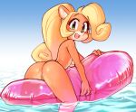  2020 4_fingers activision anthro bandicoot blonde_hair breasts butt casual_nudity coco_bandicoot crash_bandicoot_(series) digital_media_(artwork) edit female fingers genitals green_eyes hair inflatable long_hair mammal marsupial nude open_mouth open_smile partially_submerged ponytail pool_toy pussy shaded skinny_dipping smile solo under_boob video_games wamudraws water 