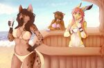  2016 5_fingers anthro bikini bovid bovine brown_body brown_eyes brown_fur brown_hair cattle clothed clothing day detailed_background digital_media_(artwork) female fingers fur group hair hi_res hyaenid kristiana_puff lagomorph leporid mammal outside pupils rabbit sky smile spots spotted_body spotted_fur spotted_hyena star_pupils swimwear symbol-shaped_pupils unusual_pupils yellow_eyes 