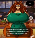  2021 absurd_res anthro apron apron_only big_breasts blush breasts brown_hair canid canine canis clothing digital_media_(artwork) domestic_dog english_text eyewear female glasses green_apron green_eyes hair hi_res huge_breasts i_mean_breast_milk mammal meme mostly_nude nipple_outline shaded solo superia superix text thick_thighs 