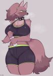  anthro big_breasts bodily_fluids bottomwear bra breasts canid canine canis clothed clothing collar digital_media_(artwork) domestic_dog female female_focus green_eyes gym_bottomwear gym_clothing gym_shorts hair hi_res kemono looking_away mammal ponytail shaded shorts simple_background solo spiked_collar spikes sports_bra standing sususuigi sweat sweatdrop thick_thighs underwear water_bottle 