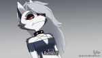  2021 anthro black_body black_fur bluestripedrenulian breasts canid canid_demon cleavage clothed clothing collar demon digital_media_(artwork) ear_piercing ear_ring female fur grey_background grey_body grey_fur grey_hair hair hellhound helluva_boss hi_res humor loona_(helluva_boss) mammal meme notched_ear pathetic_(meme) pentagram piercing reaction_image red_sclera simple_background solo spiked_collar spikes white_body white_eyes white_fur 