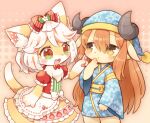  accessory anthro biped blush bovid bovine brown_hair canid canine clothed clothing curved_horn cute_fangs dress duo female fox green_eyes hair hair_accessory hair_bow hair_ribbon heterochromia horn kuo0 mammal open_mouth red_eyes ribbons smile white_hair yellow_eyes 