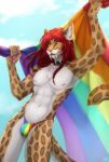  2021 5_fingers abs anthro ashnu bottomwear brown_body brown_fur bulge clothed clothing collar countershading day detailed_background digital_media_(artwork) ear_piercing eyebrows felid feline fingers flag fur hair hi_res holding_flag holding_object inner_ear_fluff lgbt_pride long_hair looking_at_viewer machairodontine male mammal mjolnir muscular muscular_anthro muscular_male navel navel_piercing nipples orange_eyes outside panties pawpads paws pecs piercing pink_nipples pink_nose pink_pawpads pose pride_color_bottomwear pride_color_clothing pride_colors pupils rainbow_flag rainbow_pride_flag rainbow_symbol red_eyebrows red_hair six-stripe_rainbow_pride_colors sky slit_pupils smile solo speedo spots spotted_body spotted_fur standing sunnyowi swimwear tuft underwear white_body white_fur 