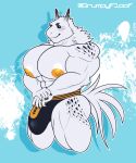  2021 5:6 abs abstract_background absurd_res anthro barazoku big_bulge big_muscles big_nipples big_pecs black_sclera blue_background bulge clothing dragon ear_piercing fur furred_dragon grumpyfloof hi_res looking_at_viewer male muscular muscular_anthro muscular_male nails nipples pecs piercing simple_background smile solo standing text thick_thighs thong tuft underwear url white_body white_fur 