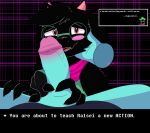  anthro black_body black_fur blush bovid caprine clothed clothing deltarune digital_media_(artwork) duo english_text erection eyewear feelin_synful fur genitals glasses goat hair hi_res horn human imminent_oral kris_(deltarune) looking_at_viewer male male/male mammal monster penis ralsei scarf simple_background smile text tongue undertale undertale_(series) video_games 