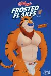  2:3 absurd_res anthro blue_background blue_nipples blue_nose bulge clothing felid feline frosted_flakes fur hi_res jockstrap kellogg&#039;s looking_at_viewer male mammal mascot muscular muscular_male neckerchief nipples orange_body orange_fur pantherine pecs qwertythewolf simple_background smile solo striped_body stripes tiger tony_the_tiger underwear whiskers 