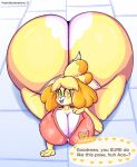  animal_crossing anthro bent_over big_breasts big_butt blush breasts butt canid canine canis clothed clothing digital_media_(artwork) domestic_dog english_text female finalofdestinations fur hi_res huge_breasts huge_butt hyper hyper_butt isabelle_(animal_crossing) mammal nintendo open_mouth shih_tzu smile solo text thick_thighs toy_dog video_games wide_hips yellow_body yellow_fur 