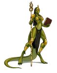  5_fingers anthro black_hair book clothing female fingers green_body green_scales hair hi_res holding_book holding_object knee_pads lizard long_hair luigiix reptile scales scalie shoulder_pads simple_background solo staff standing white_background yellow_eyes 