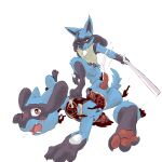  1:1 animal_genitalia animal_penis anthro bisected blush bodily_fluids canine_penis cum decapitation dismemberment duo envtoxic genital_fluids genitals gore headless hi_res lucario male male/male melee_weapon nintendo penis pok&eacute;mon pok&eacute;mon_(species) riolu severed_legs sword uncertain_goregasm video_games weapon 