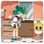  1:1 animal_humanoid bathroom bovid bovid_humanoid caprine caprine_humanoid child goat_humanoid green_hair hair hi_res horn humanoid male mammal mammal_humanoid mirror open_mouth slippers thebrushking tired toilet yawn young 