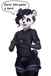  2021 absurd_res anthro black_body black_fur bottomwear clothed clothing controller dialogue english_text fully_clothed fur game_controller giant_panda hi_res holding_controller holding_game_controller holding_object mammal multicolored_body multicolored_fur nintendo nintendo_switch ruribec shorts simple_background solo speech_bubble text two_tone_body two_tone_fur ursid video_games white_background white_body white_fur 