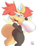  2019 anthro areola big_breasts blush breasts canid canine dedoarts delphox eyebrows eyelashes female hi_res huge_breasts mammal nintendo nipples open_mouth pok&eacute;mon pok&eacute;mon_(species) solo teeth tongue video_games 