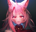  accessory ahoge blood blush bodily_fluids clothing cross eyebrows fangs female hair hair_accessory hi_res humanoid inner_ear_fluff looking_at_viewer open_mouth pink_hair portrait red_eyes simple_background solo tuft utterangle 