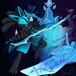  1:1 ambiguous_gender anthro arch_glacor blue_body blue_fur canid canine digital_media_(artwork) duo elemental_creature english_text fur glacor hi_res holding_object ice looking_at_viewer lucario mammal melee_weapon nintendo nyxed pok&eacute;mon pok&eacute;mon_(species) runescape signature simple_background sword text video_games weapon 