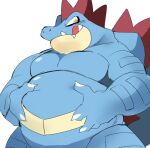  2020 4_fingers anthro back_spikes belly biceps big_belly claws crocodilian digital_media_(artwork) fangs feraligatr finger_claws fingers hyaku_(artist) kemono looking_at_viewer male multicolored_body multicolored_scales musclegut muscular muscular_anthro muscular_male nintendo nude orange_body orange_scales overweight overweight_anthro overweight_male pecs pink_tongue pok&eacute;mon pok&eacute;mon_(species) reptile scales scalie shaded simple_background smile smiling_at_viewer snout solo spikes spikes_(anatomy) thick_thighs tongue tongue_out translated_description video_games white_background white_claws yellow_body yellow_scales 