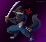  2021 abs anthro biceps black_body black_fur bottomwear canid canine clothed clothing countershading dire_(fortnite) epic_games fortnite fur glistening glistening_eyes grey_body grey_fur holding_object holding_weapon katana leo-wolf male mammal melee_weapon muscular muscular_anthro muscular_male nunchaku pants pose red_eyes sharp_teeth shirtless smile snaggle_tooth solo sword teeth topwear torn_bottomwear torn_clothing torn_pants torn_vest vest video_games weapon were werecanid werecanine werewolf yellow_sclera 