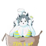  1:1 anthro bikini blush breasts canid canine clothed clothing felid feline female hair hi_res mammal rg004artpd simple_background swimwear tem temmie_(undertale) text topwear undertale undertale_(series) video_games white_body 