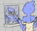  anthro avian bathroom beak berdly bird blue_body blue_feathers bodily_fluids cellcone clothing crying deltarune eyewear feathers featureless_chest glasses looking_at_self male mirror presenting solo sorrow tears undertale_(series) video_games 