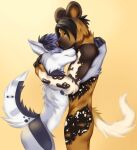  absurd_res african_wild_dog albinadainer anthro asher canid canine duo ear_piercing ear_ring erro_(african_wild_dog) female fur hair hi_res male male/female mammal nude piercing simple_background smile 