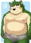  absurd_res anthro belly blush bodily_fluids bulge canid canine canis clothed clothing domestic_dog erection erection_under_clothing eyebrows fur genital_fluids green_body green_fur hi_res kemono lifewonders live-a-hero male mammal mokdai navel nipples overweight overweight_anthro overweight_male precum precum_through_clothing solo thick_eyebrows underwear video_games wet wet_clothing zuboboz 