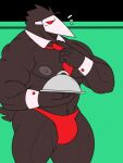  3:4 anthro avian bulge castrodour clothed clothing dark_body deltarune hi_res holding_object male muscular muscular_anthro muscular_male necktie nipples partially_clothed pecs red_clothing red_speedo solo speedo swatchling swimwear undertale_(series) video_games 