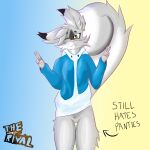  1:1 anthro arctic_fox big_tail canid canine clothed clothing english_text eyes_closed female fluffy fluffy_tail fox genitals hi_res long_ears looking_at_viewer mammal no_underwear pussy skye_(thehonestrival) solo text thehonestrival 