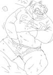 2015 anthro araiguma_11 bedding blanket bulge clothing fat_hoodie hoodie humanoid_hands kemono lying male mammal meme meme_clothing monochrome overweight overweight_male pillow sleeping snoring solo suid suina sus_(pig) text text_on_clothing text_on_hoodie text_on_topwear topwear underwear wild_boar 