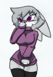  anthro blush clothed clothing disney ears_down female fur grey_body grey_fur judy_hopps lagomorph legwear leporid mammal pace-maker pinup pivoted_ears pose rabbit simple_background skimpy solo stockings sweater topwear zootopia 