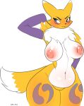  absurd_res anthro armwear artply bandai_namco blue_eyes blush breasts clothing digimon digimon_(species) elbow_gloves female gloves handwear hi_res looking_aside navel nipples pose renamon slightly_chubby smile solo wide_hips 