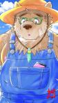  2021 9:16 anthro bodily_fluids brown_body brown_fur brown_nose clothing fur hat headgear headwear hi_res katazaki kemono lifewonders male mammal outside overalls overweight overweight_male solo straw_hat sweat tokyo_afterschool_summoners ursid video_games volos 